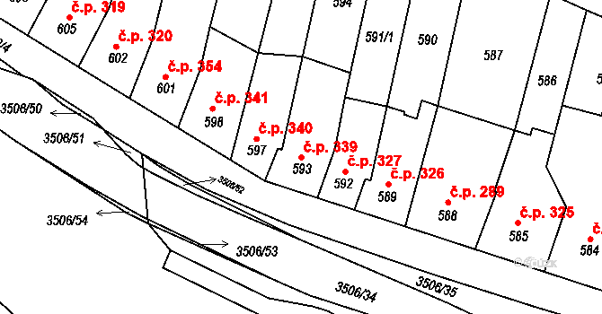 Vyškov-Předměstí 339, Vyškov na parcele st. 593 v KÚ Vyškov, Katastrální mapa