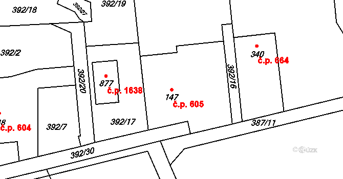 Struhařov 605, Kamenice na parcele st. 147 v KÚ Štiřín, Katastrální mapa