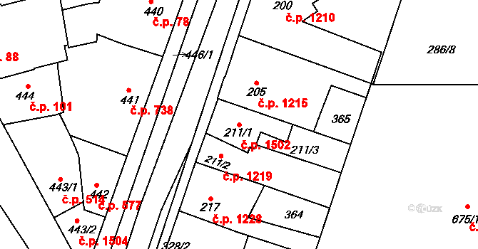 Švermov 1502, Kladno na parcele st. 211/1 v KÚ Hnidousy, Katastrální mapa