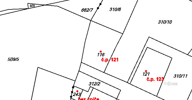 Střelná 121, Košťany na parcele st. 116 v KÚ Střelná, Katastrální mapa