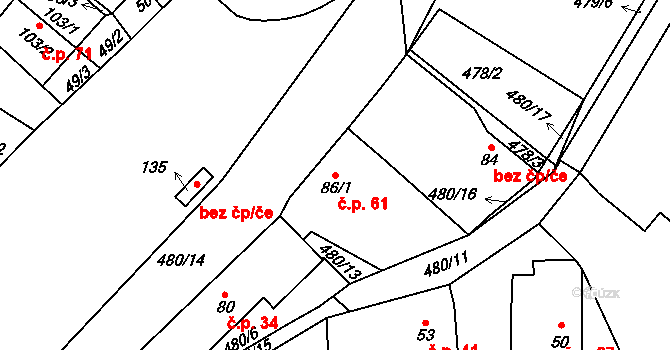 Rodov 61, Smiřice na parcele st. 86/1 v KÚ Rodov, Katastrální mapa
