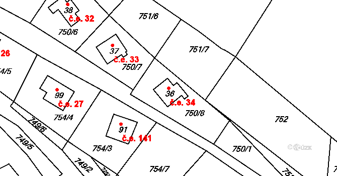 Voltýřov 34, Klučenice na parcele st. 36 v KÚ Podskalí, Katastrální mapa