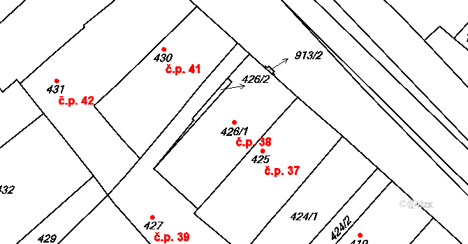 Milovice 38 na parcele st. 426/1 v KÚ Milovice nad Labem, Katastrální mapa