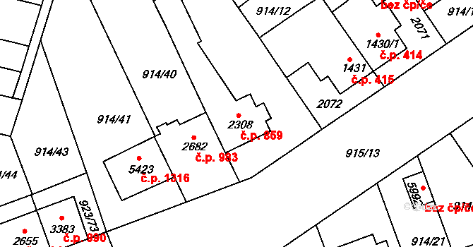 Horka-Domky 859, Třebíč na parcele st. 2308 v KÚ Třebíč, Katastrální mapa
