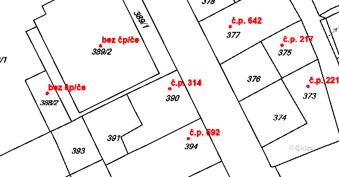 Charvátská Nová Ves 314, Břeclav na parcele st. 390 v KÚ Charvátská Nová Ves, Katastrální mapa