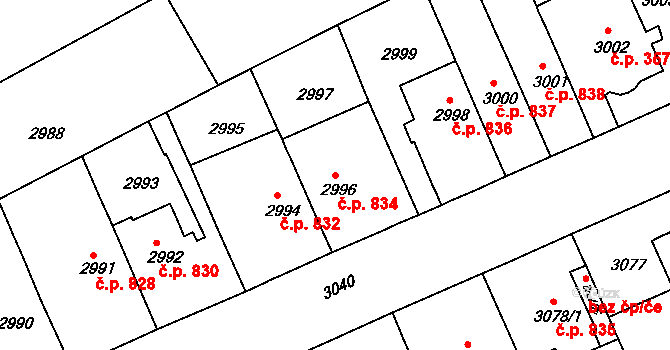 Černá Pole 834, Brno na parcele st. 2996 v KÚ Černá Pole, Katastrální mapa