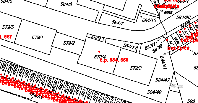 Komín 554,555, Brno na parcele st. 579/3 v KÚ Komín, Katastrální mapa