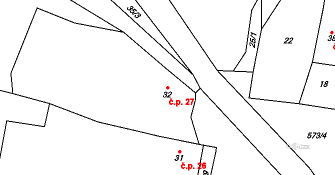 Miletice 27, Dlažov na parcele st. 32 v KÚ Miletice u Dlažova, Katastrální mapa