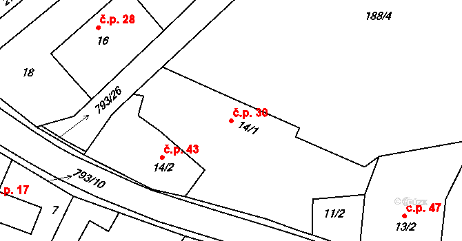 Habartice 30, Klatovy na parcele st. 14/1 v KÚ Habartice u Obytců, Katastrální mapa