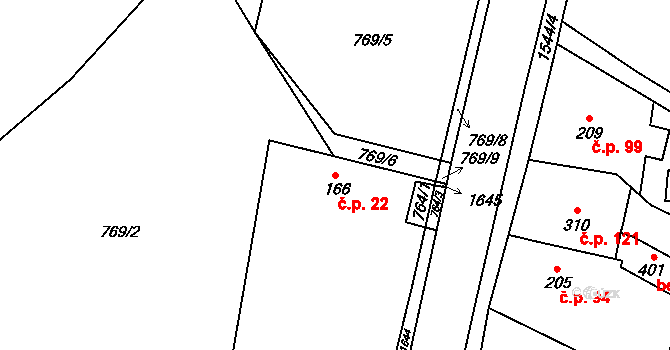 Ústí 22 na parcele st. 166 v KÚ Ústí u Vsetína, Katastrální mapa