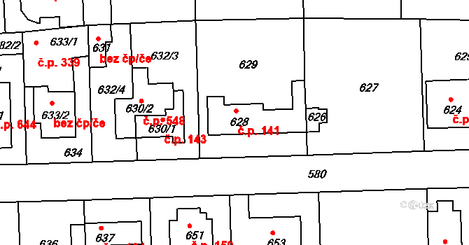 Písnice 141, Praha na parcele st. 628 v KÚ Písnice, Katastrální mapa