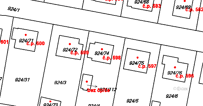 Suchdol nad Lužnicí 598 na parcele st. 924/74 v KÚ Suchdol nad Lužnicí, Katastrální mapa