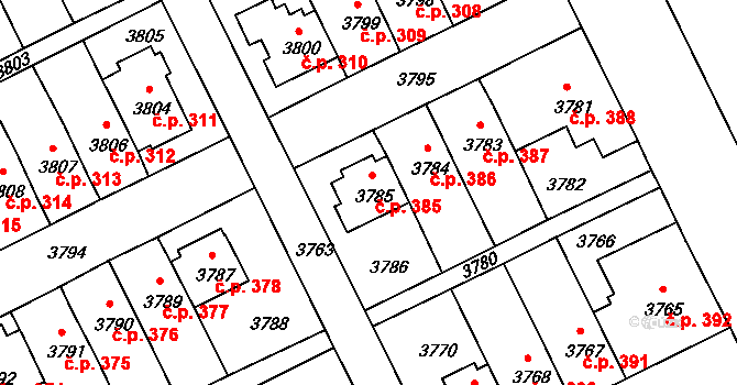 Záběhlice 385, Praha na parcele st. 3785 v KÚ Záběhlice, Katastrální mapa