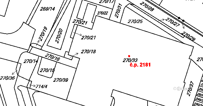 Komořany 2181, Praha na parcele st. 270/33 v KÚ Komořany, Katastrální mapa