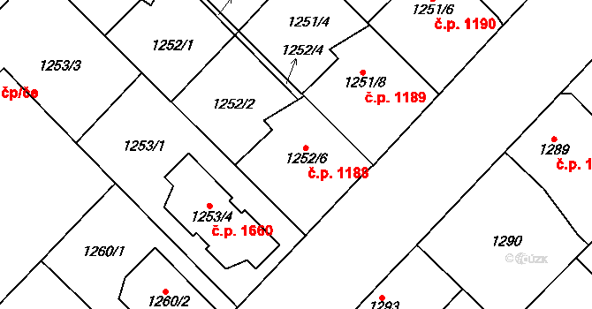 Kunratice 1188, Praha na parcele st. 1252/6 v KÚ Kunratice, Katastrální mapa