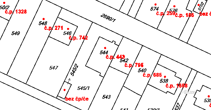 Kyje 443, Praha na parcele st. 544 v KÚ Kyje, Katastrální mapa