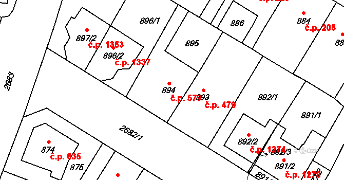 Hostivař 579, Praha na parcele st. 894 v KÚ Hostivař, Katastrální mapa