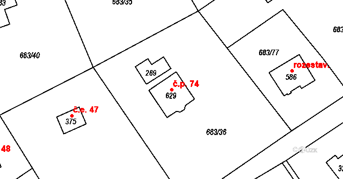 Halouny 74, Svinaře na parcele st. 629 v KÚ Svinaře, Katastrální mapa