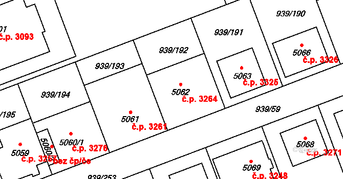 Hodonín 3264 na parcele st. 5062 v KÚ Hodonín, Katastrální mapa