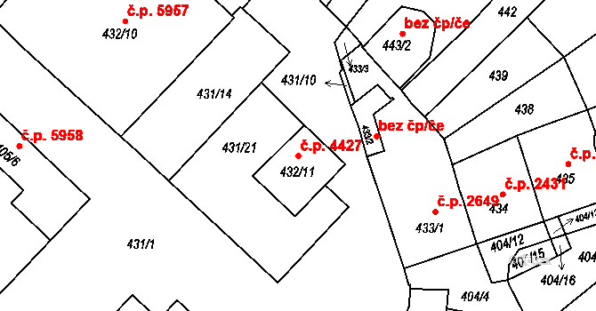 Chomutov 4427 na parcele st. 432/11 v KÚ Chomutov II, Katastrální mapa