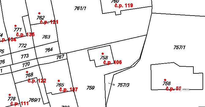 Řícmanice 106 na parcele st. 758 v KÚ Řícmanice, Katastrální mapa