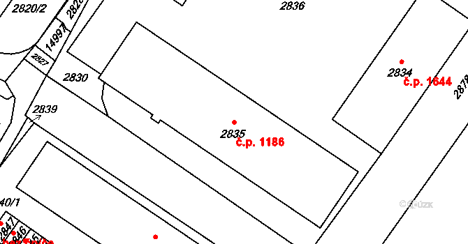 Vsetín 1186 na parcele st. 2835 v KÚ Vsetín, Katastrální mapa