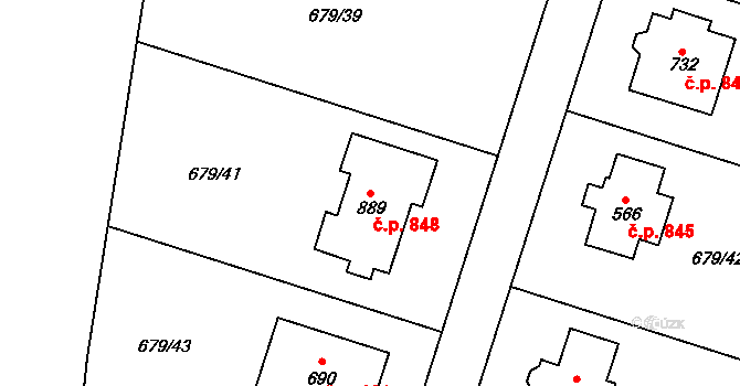 Hlubočinka 848, Sulice na parcele st. 889 v KÚ Sulice, Katastrální mapa
