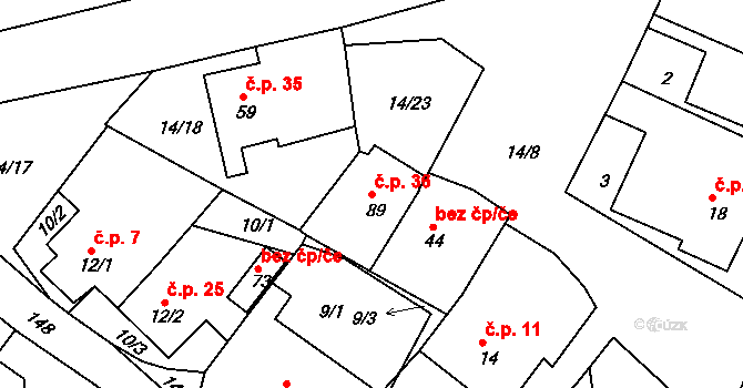 Sušice 36, Míčov-Sušice na parcele st. 89 v KÚ Sušice, Katastrální mapa