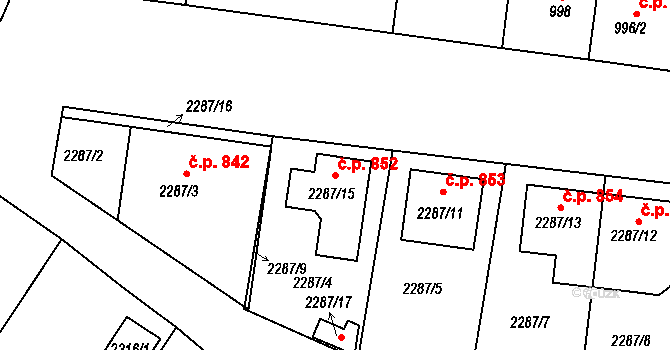 Lužice 852 na parcele st. 2287/15 v KÚ Lužice u Hodonína, Katastrální mapa