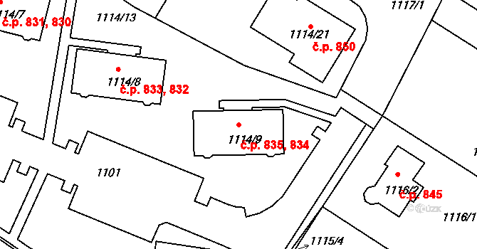 Kamenice nad Lipou 834,835 na parcele st. 1114/9 v KÚ Kamenice nad Lipou, Katastrální mapa