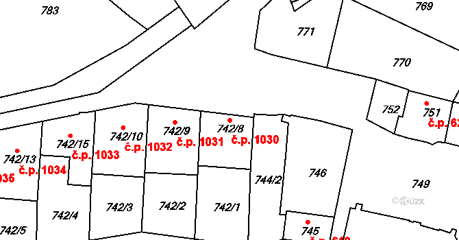 Jemnice 1030 na parcele st. 742/8 v KÚ Jemnice, Katastrální mapa
