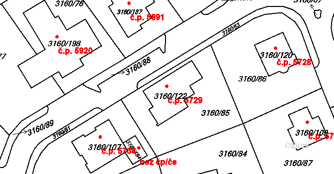 Chomutov 5729 na parcele st. 3160/122 v KÚ Chomutov II, Katastrální mapa