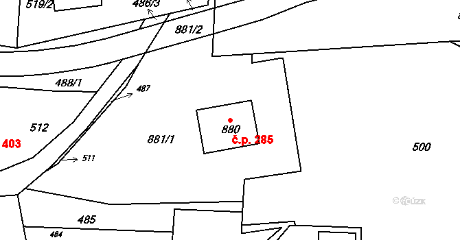 Břidličná 285 na parcele st. 880 v KÚ Břidličná, Katastrální mapa