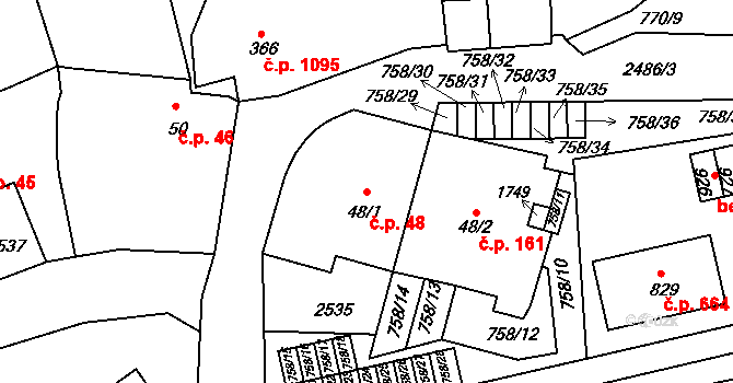 Luhačovice 48 na parcele st. 48/1 v KÚ Luhačovice, Katastrální mapa