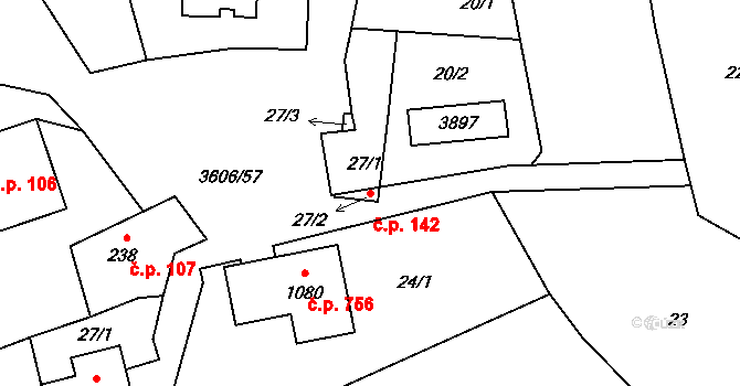 Halenkovice 142 na parcele st. 27/1 v KÚ Halenkovice, Katastrální mapa