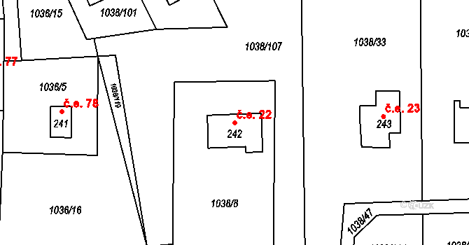 Vlčková 22 na parcele st. 242 v KÚ Vlčková, Katastrální mapa