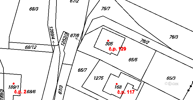 Podkopná Lhota 129 na parcele st. 305 v KÚ Podkopná Lhota, Katastrální mapa