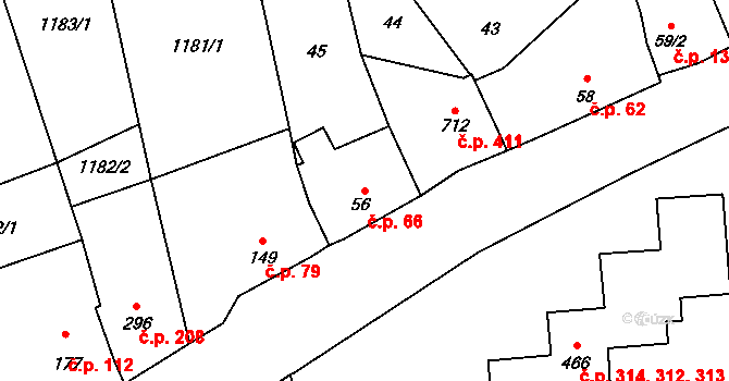 Louky 66, Zlín na parcele st. 56 v KÚ Louky nad Dřevnicí, Katastrální mapa