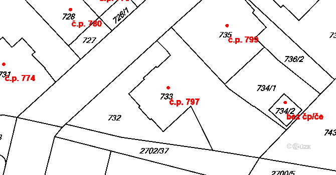 Předměstí 797, Opava na parcele st. 733 v KÚ Opava-Předměstí, Katastrální mapa