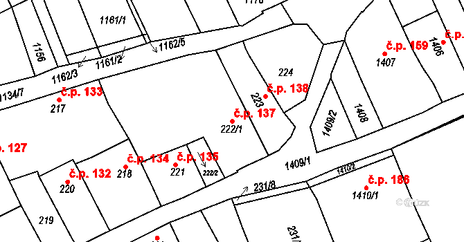 Buchlovice 137 na parcele st. 222/1 v KÚ Buchlovice, Katastrální mapa