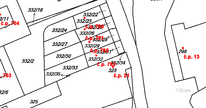 Lipence 783, Praha na parcele st. 332/32 v KÚ Lipence, Katastrální mapa
