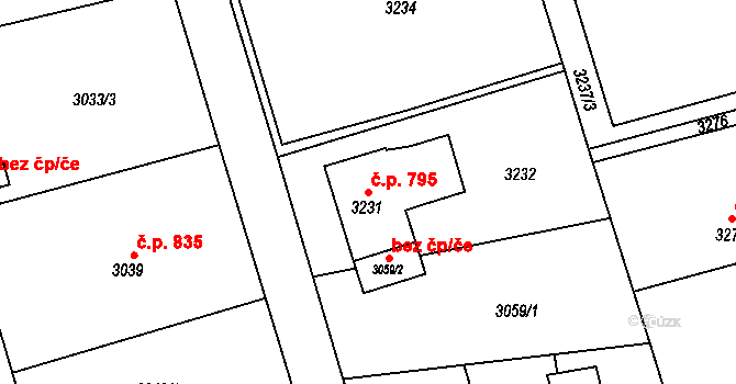 Doubrava 795 na parcele st. 3231 v KÚ Doubrava u Orlové, Katastrální mapa