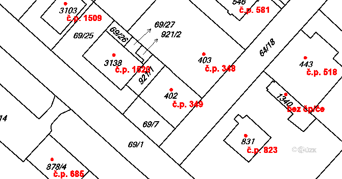 Neratovice 349 na parcele st. 402 v KÚ Neratovice, Katastrální mapa