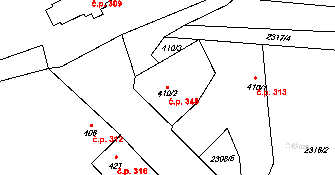 Kožlany 345 na parcele st. 410/2 v KÚ Kožlany, Katastrální mapa
