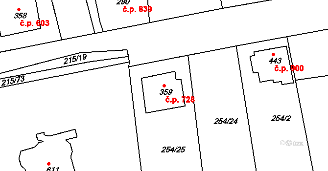 Rudná 728 na parcele st. 359 v KÚ Hořelice, Katastrální mapa