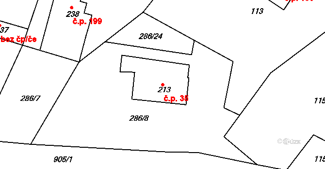 Žďárky 35 na parcele st. 213 v KÚ Žďárky, Katastrální mapa