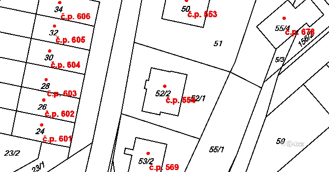 Jedovnice 554 na parcele st. 52/2 v KÚ Jedovnice, Katastrální mapa