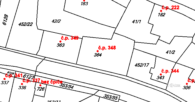 Lysice 348 na parcele st. 364 v KÚ Lysice, Katastrální mapa