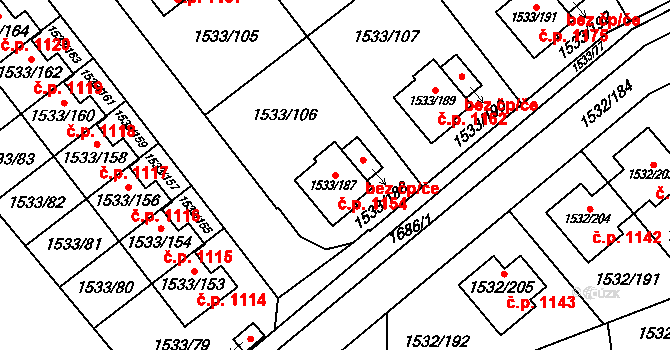 Řeporyje 1154, Praha na parcele st. 1533/187 v KÚ Řeporyje, Katastrální mapa