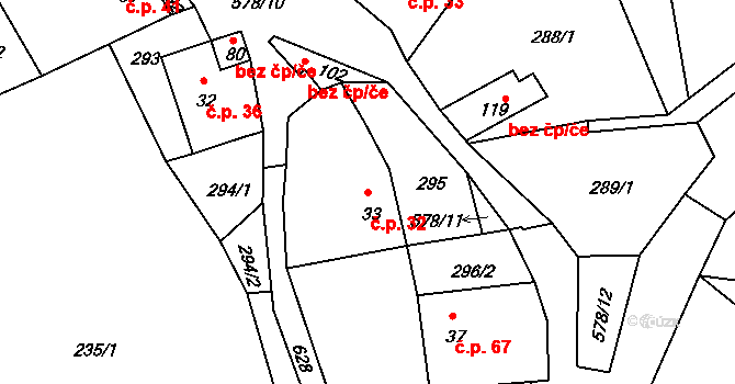 Hněvkov 32, Zábřeh na parcele st. 33 v KÚ Hněvkov, Katastrální mapa
